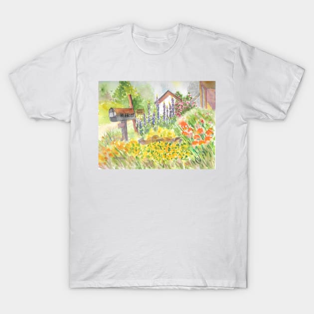 Robert Frost Homestead with June Lupins T-Shirt by ROSEANN MESERVE 